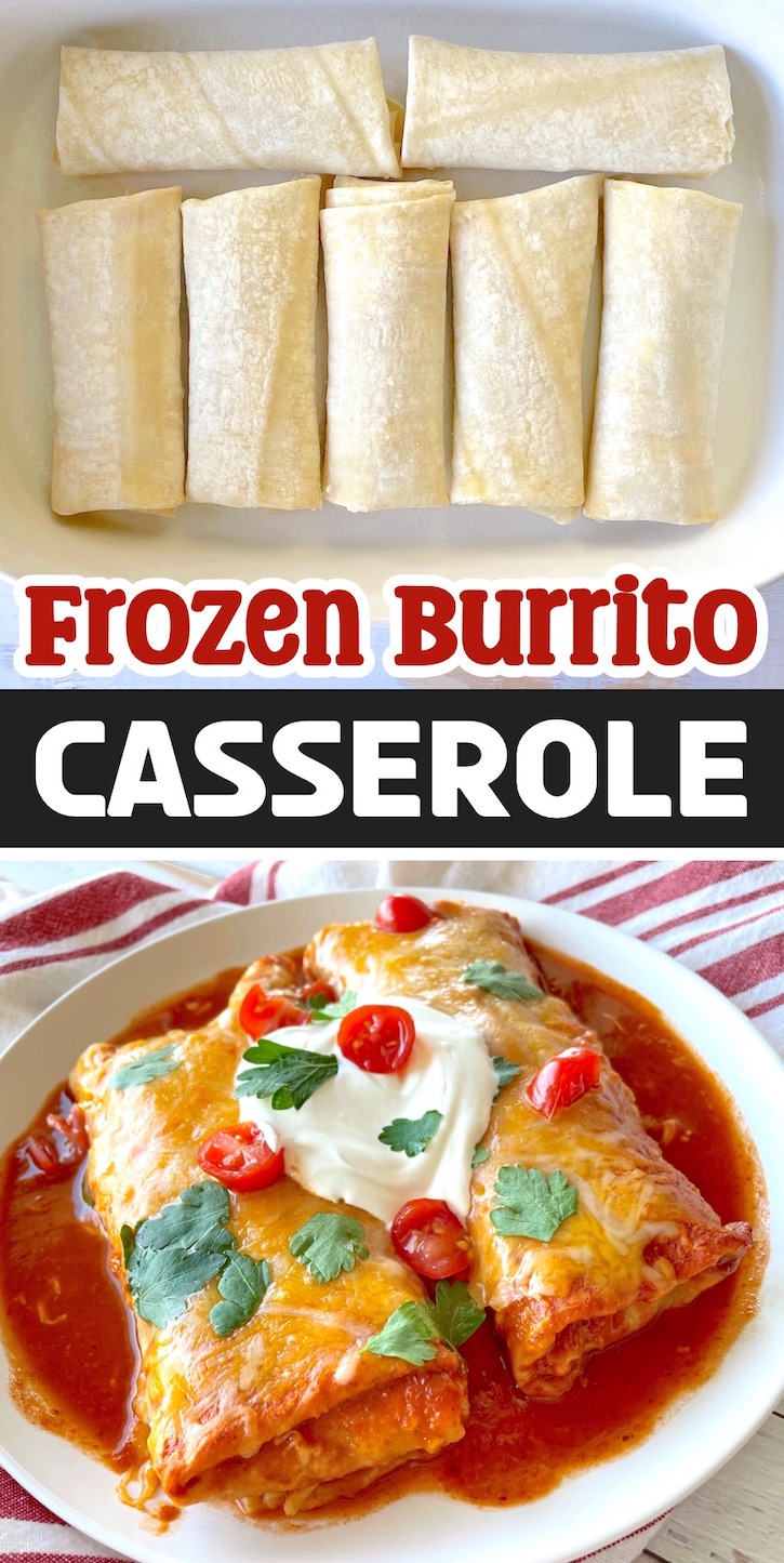 Frozen Burrito Casserole | An easy way to make smothered burritos using frozen burritos and enchilada sauce. This effortless dinner is perfect for busy moms who don't like to cook. 