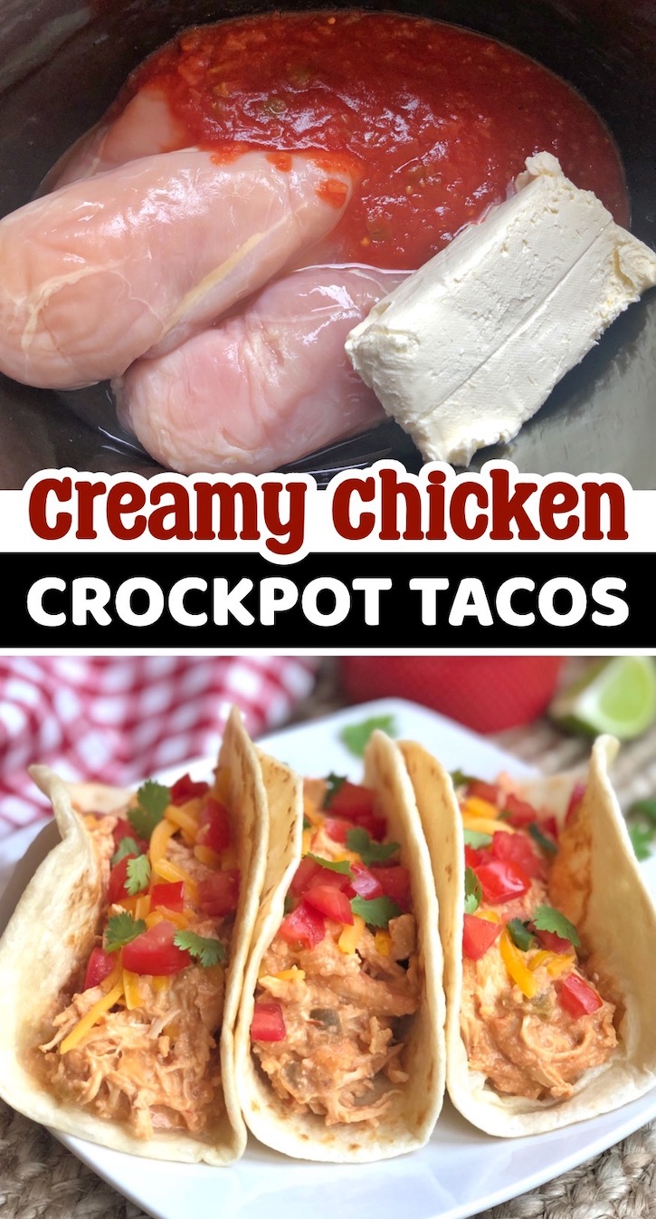 Creamy Shredded Chicken Tacos | A simple crockpot meal made with chicken breasts, salsa, cream cheese and taco seasoning.