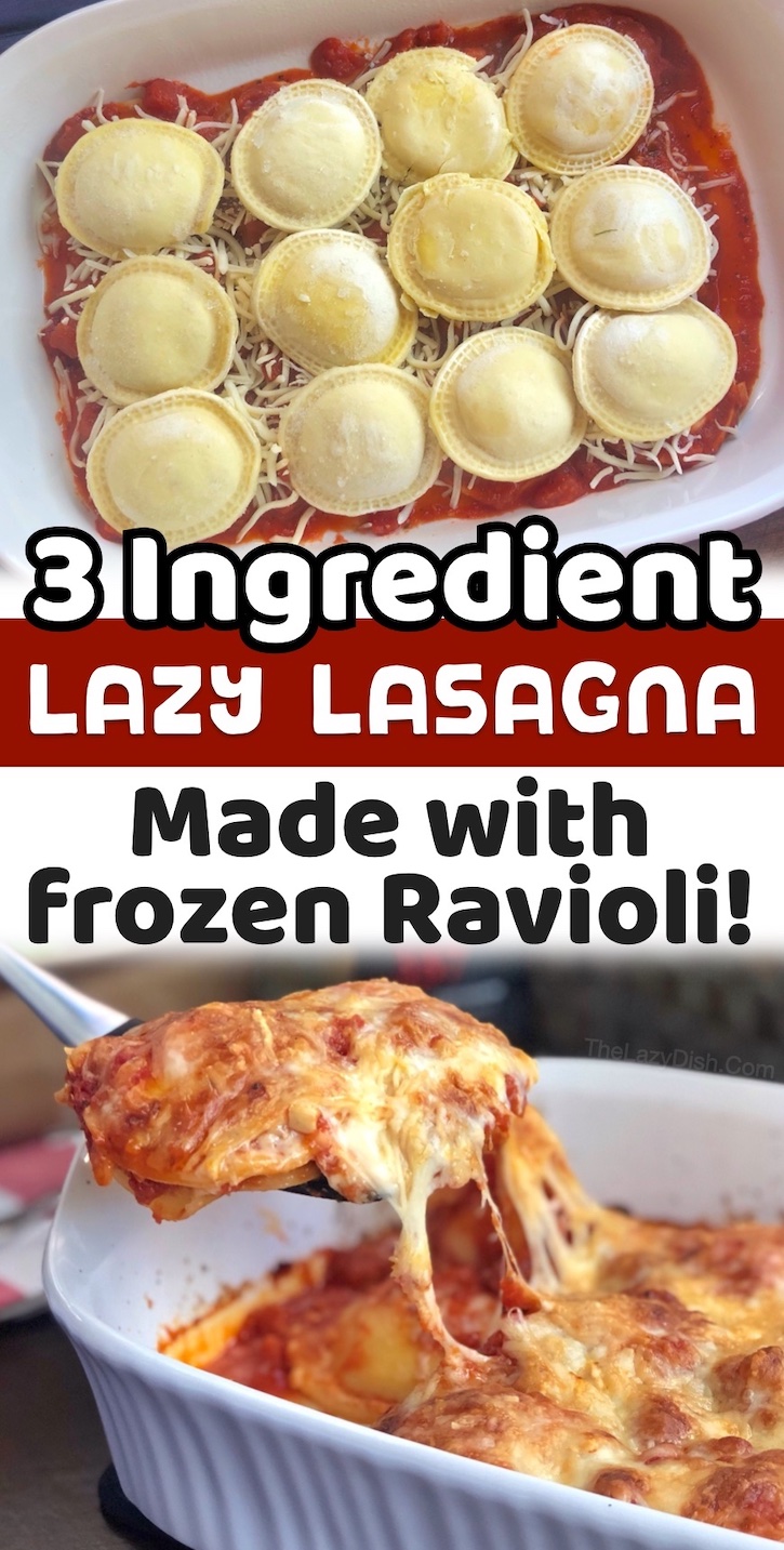 Lazy Lasagna | Frozen ravioli, pasta sauce, and cheese layered in a baking dish to make a super easy meal for picky kids.