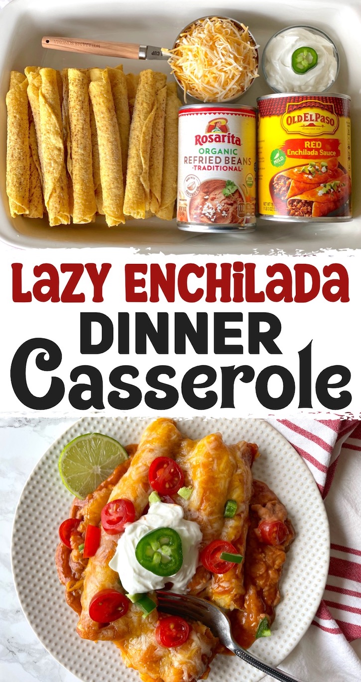 Lazy Enchiladas | A quick dinner idea for a family with kids made with frozen taquitos, enchilada sauce, refried beans, and cheese. Simply dump everything into a casserole dish for baking in the oven. 
