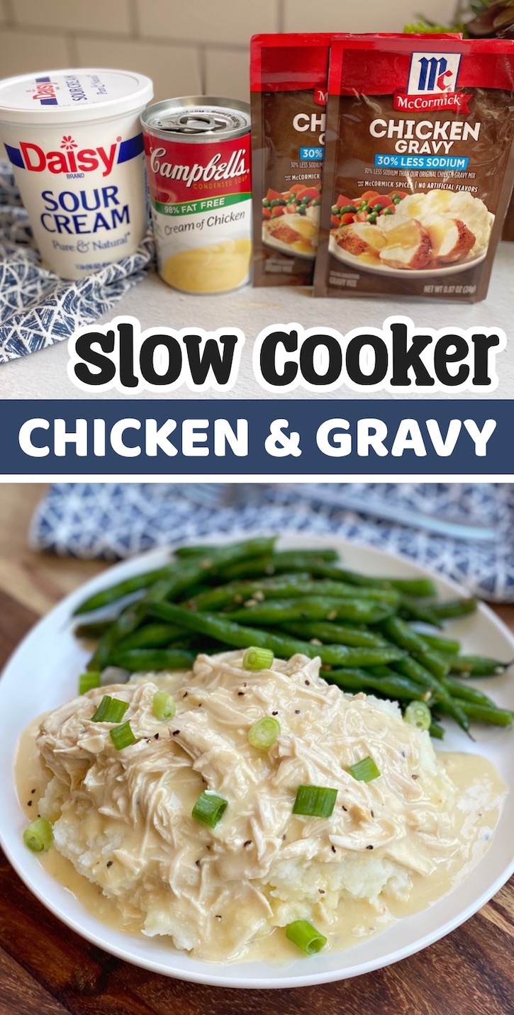 Slow Cooker Chicken & Gravy | This yummy crockpot meal is made with chicken breasts, sour cream, two packets of chicken gravy mix, and a can of cream of chicken soup to make the most delicious shredded chicken for mashed potatoes or rice.