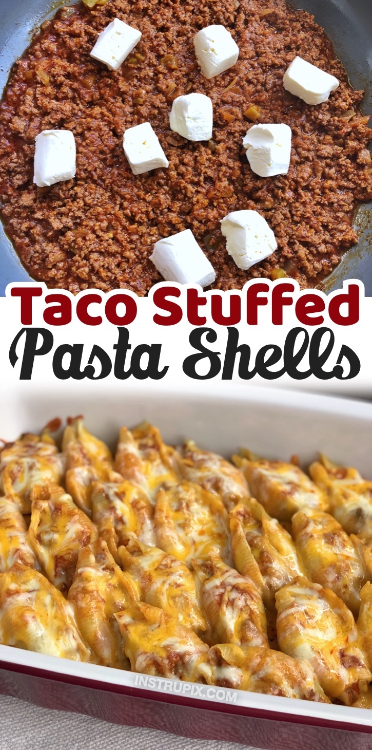 Taco Stuffed Pasta Shells | Jumbo pasta shells stuffed full of cheesy ground beef and topped with enchilada sauce and more cheese to make a fusion of Mexican and Italian food. 