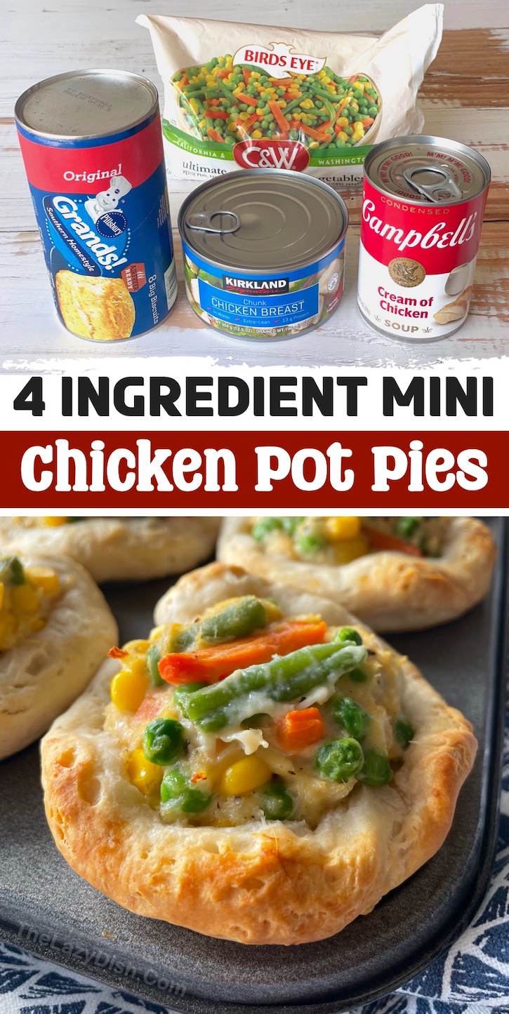 Muffin Pan Chicken Pot Pies | A budget friendly dinner recipe made with just 4 ingredients including Pillsbury refrigerated dough, canned chicken, frozen veggies and a can of cream of chicken soup. Great for a family with picky kids to feed, especially on a budget. 
