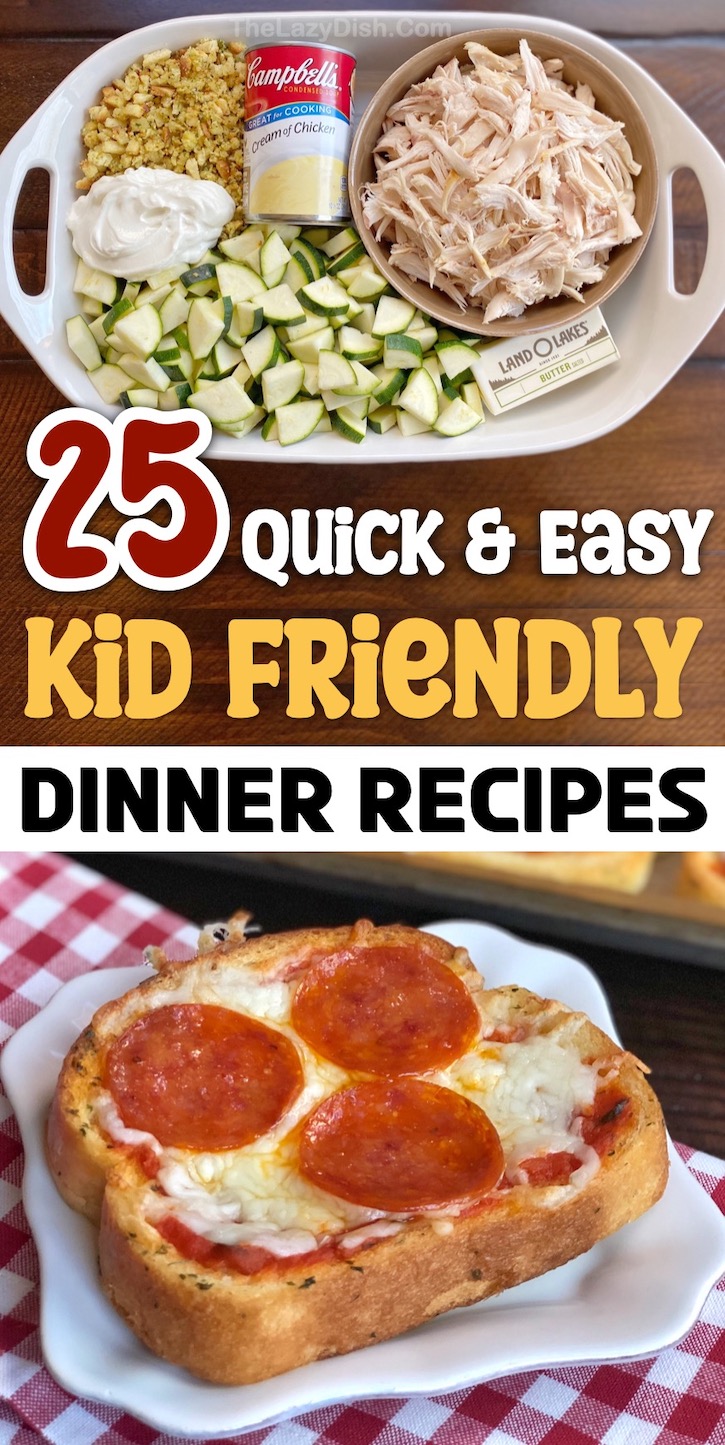 A list of kid friendly dinner ideas that are all quick and easy to make with just a few ingredients. Everything from chicken and ground beef to easy crockpot meals. You are sure to find a few yummy recipes here for your picky eaters! These are great for busy moms on a budget with hungry kids to feed on hectic school nights. 