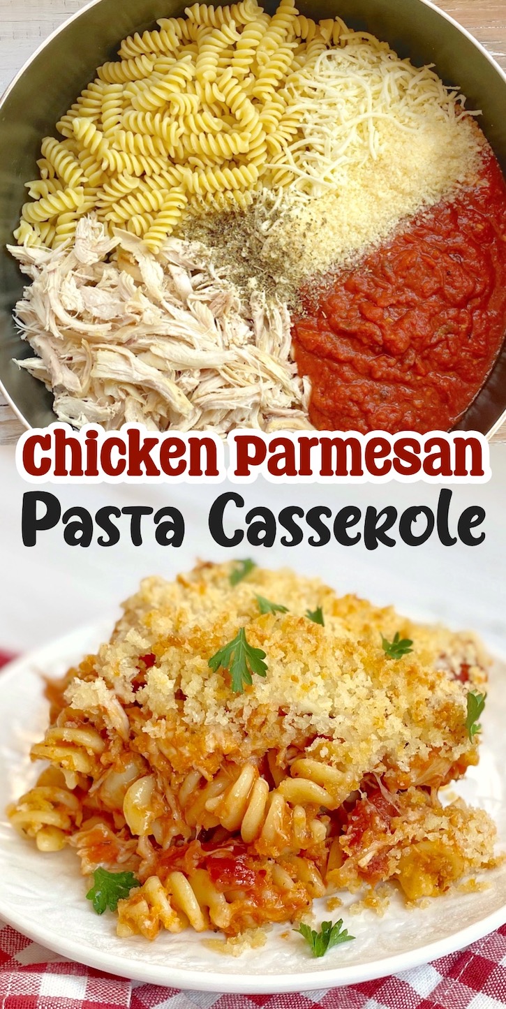 Chicken Parmesan Pasta Casserole | This Italian inspired dinner is great for a family with picky eaters. Mix cooked pasta with pasta sauce, rotisserie chicken, cheese, and seasoning and place everything into a baking dish. Sprinkle with an easy panko topping mixture and bake until warm and bubbly. 