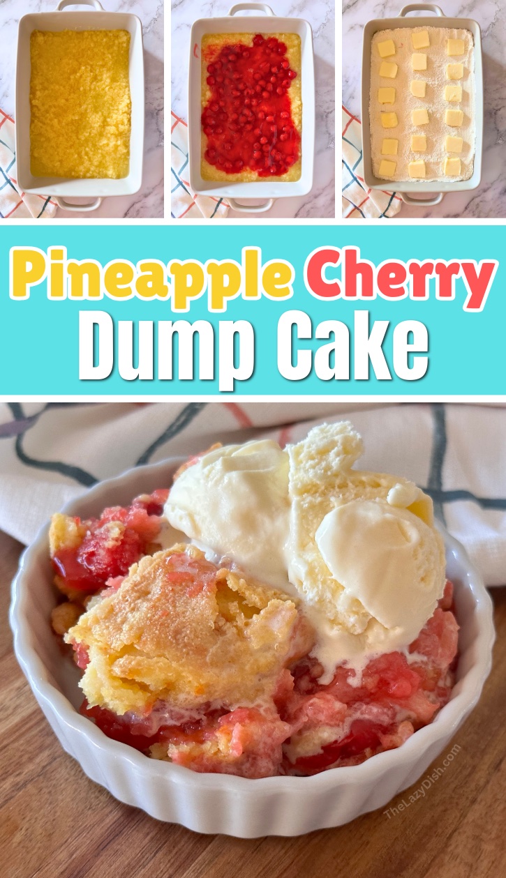 This simple dessert idea is a must for your next party or pot luck. With just 4 ingredients including crushed pineapples, cherry pie filling, dry cake mix, and butter you can make the best dump cake ever!