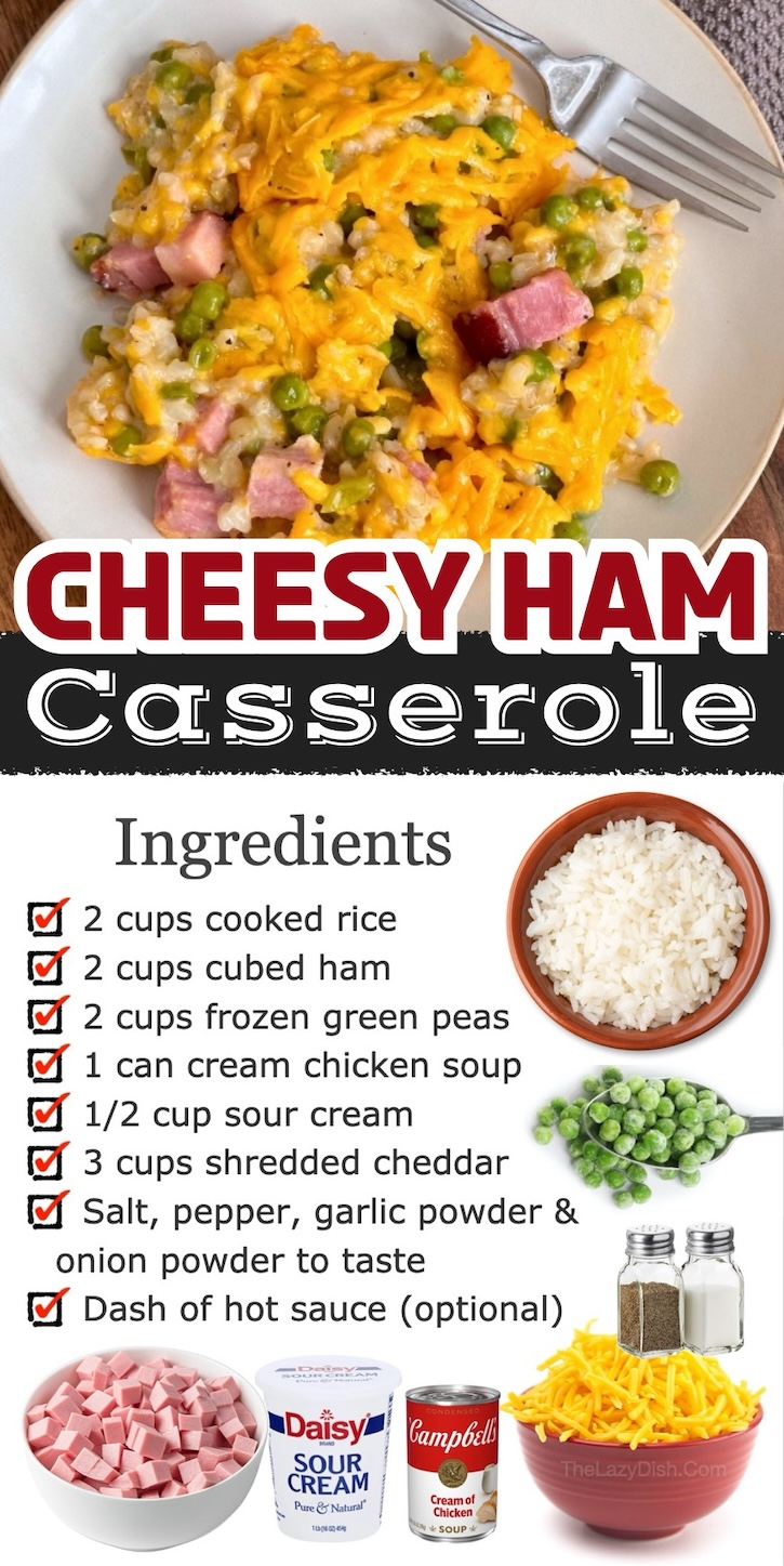 Quick and easy dinner casserole made with rice, ham, cheese, and peas! This simple meal is great for last minute dinners because it's made with just a few cheap pantry staples. My entire family loves it, including my picky kids! This freezer meal is always on the dinner menu at my house.