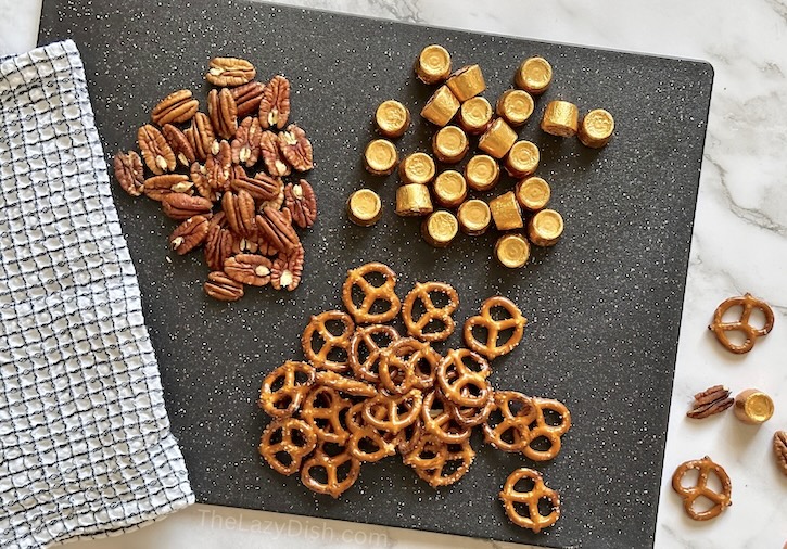 Simple to make dessert using just pretzels, Rolo caramel candies and pecans. So easy to make in just 5 minutes but watch out these will disappear faster than you think.