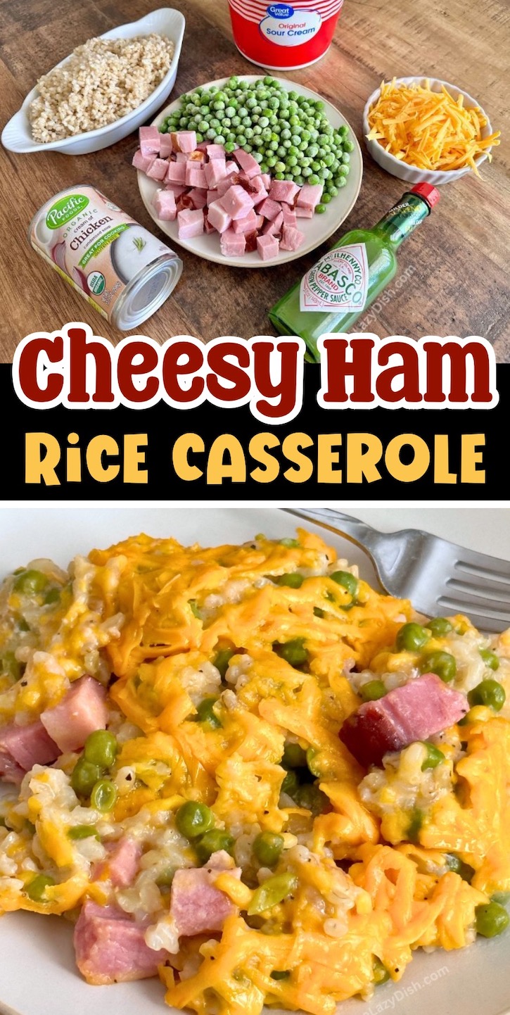 This quick and easy rice casserole is perfect for a family with picky kids. Simple and fast dinner to make on busy school nights with just a few cheap and basic ingredients: instant rice, cheddar cheese, cooked ham, and frozen peas!