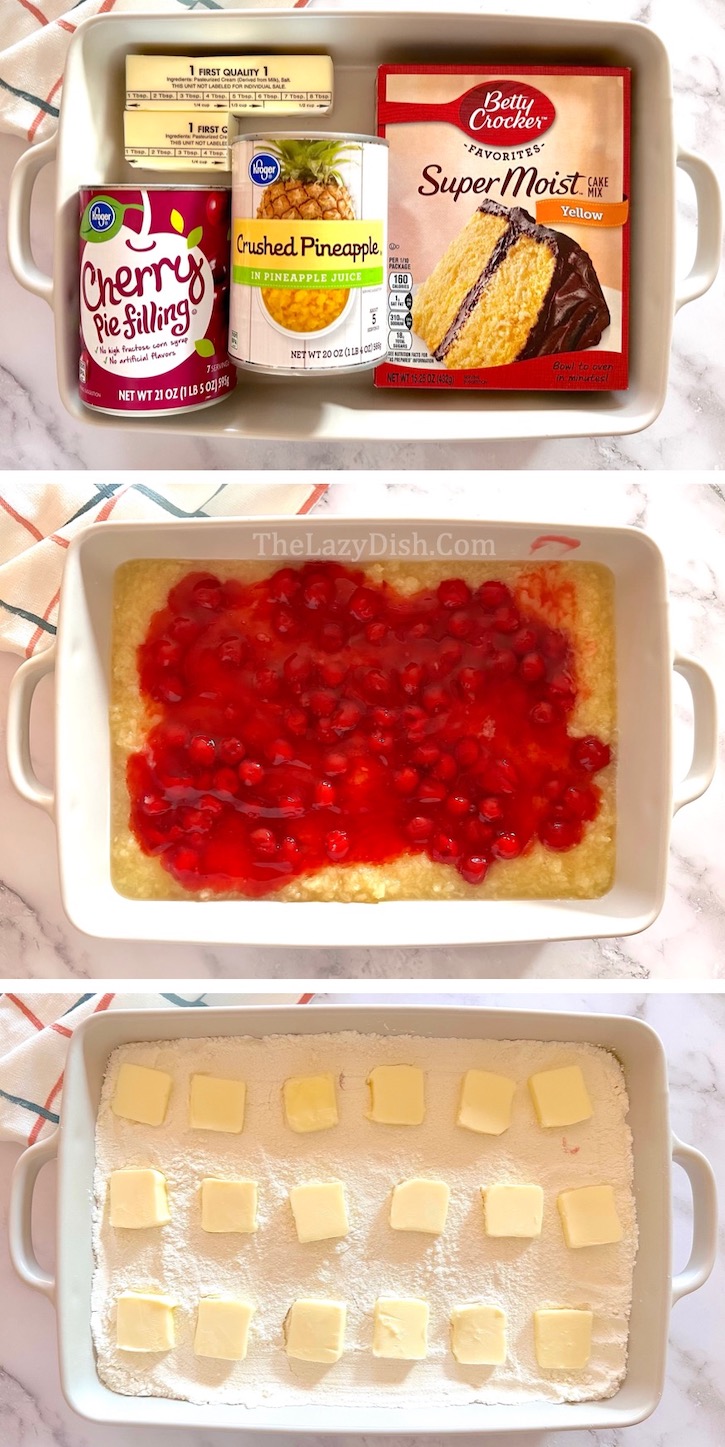 Easy Dump Cake recipe made with yellow cake mix, a can of crushed pineapple, a jar of cherries, and lots of butter! So yummy served warm with vanilla ice cream.