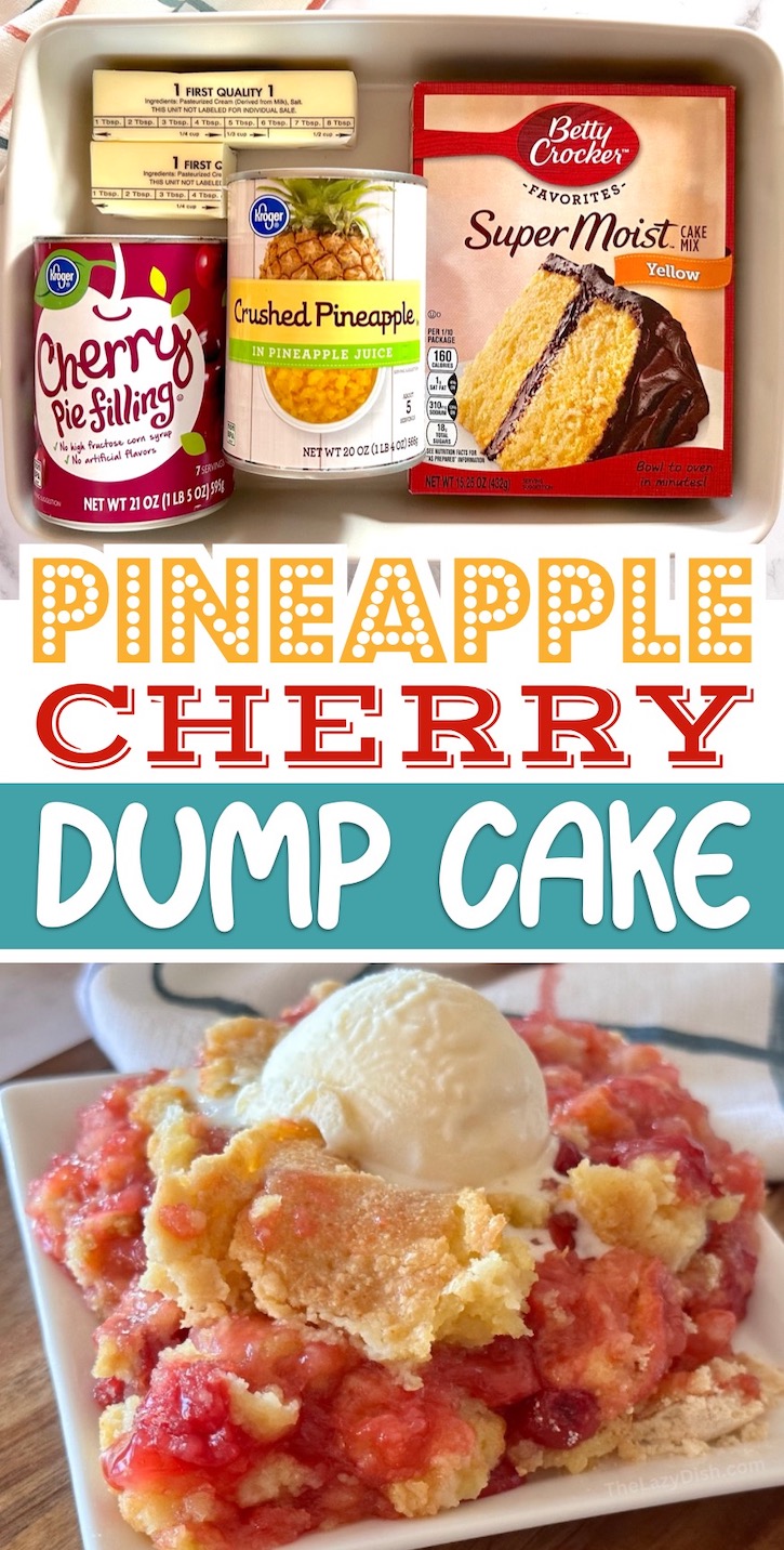 Are you looking for easy dessert ideas with few ingredients? This dump cake is amazing! Super yummy and made with just a few cheap ingredients: canned pineapple, cherries, cake mix, and butter.