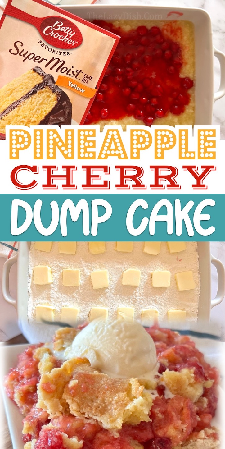 Easy Fruit Dessert Recipe made with a can of pineapple, cherries, Betty Crocker yellow cake mix and butter!