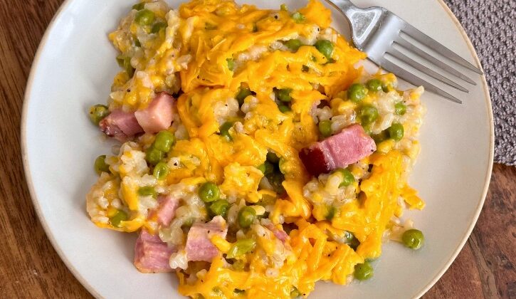 I’m always looking for a cheap dinner recipe that is easy to make on busy weeknights, and this cheesy ham and pea casserole is perfect! I make this delicious recipe extra lazy by making it ahead of time and simply throwing it into the oven when we get home. All you do is mix all the ingredients together, top with cheese and bake until bubbly and creamy. This cheesy rice casserole is perfect for picky eaters! Oh so yummy.