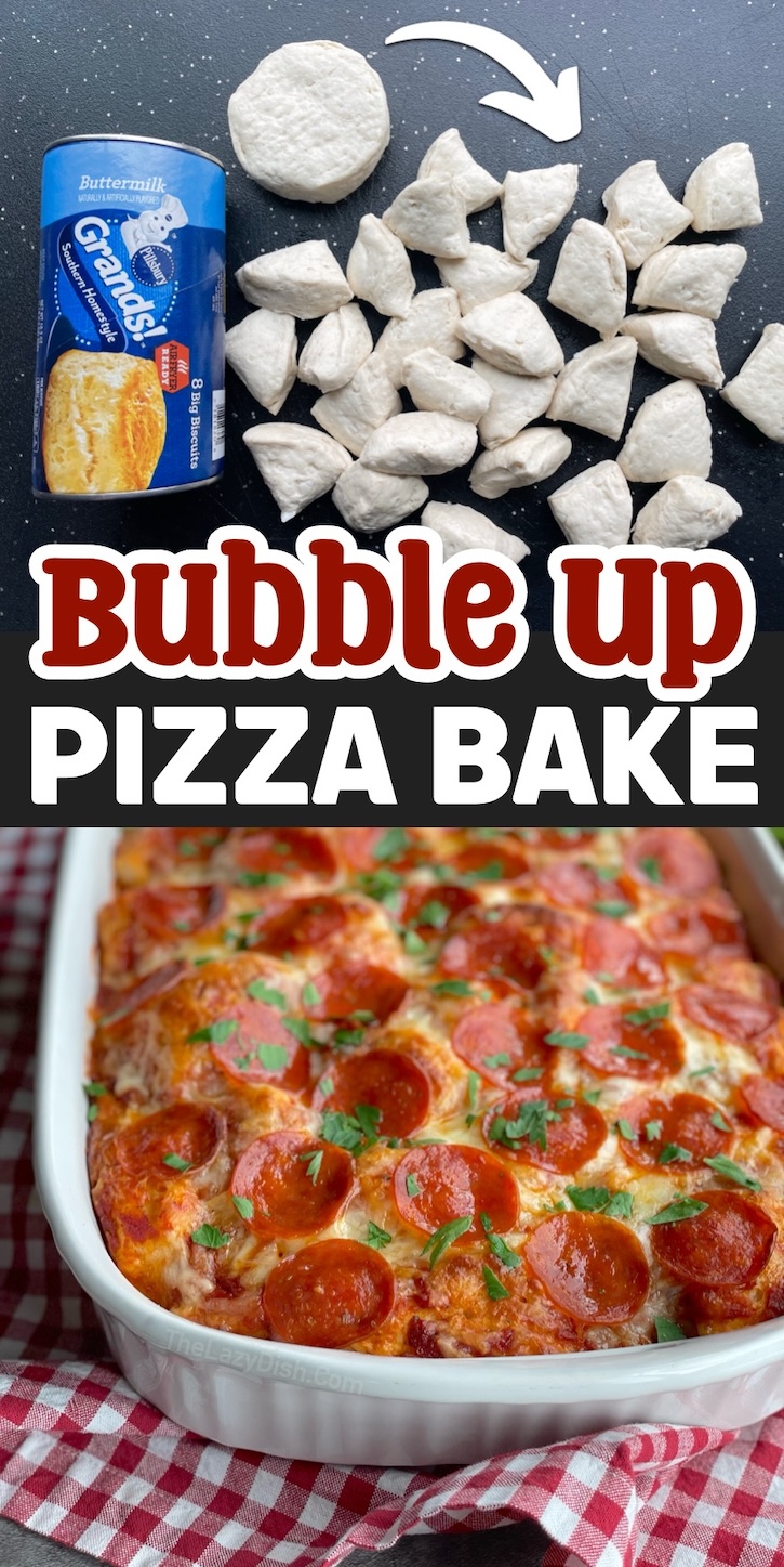 Bubble Up Pizza Bake made with Pillsbury Biscuits! If you're looking for quick and easy dinner ideas to make for your picky family, this delicious dinner casserole is the perfect budget meal for busy moms! It's simple and fast to make on busy school nights with very little clean up. Everything is made in one pan!
