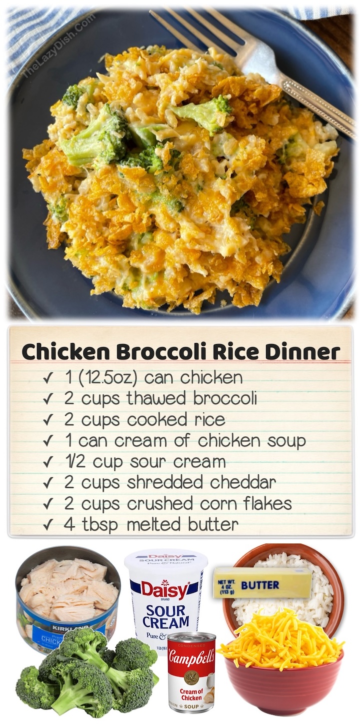 Cheesy Chicken Broccoli & Rice Dinner | This last minute dinner is made with just a few pantry staples and can be thrown together quickly on busy school nights for your picky eaters! The base ingredients are canned chicken, Instant Rice, frozen veggies and cheddar cheese, make it a cheap and easy meal for a family on a budget. 