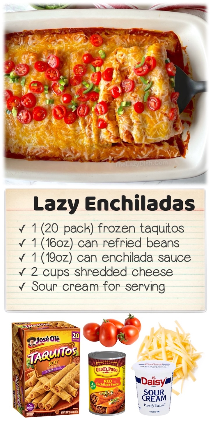 Lazy Enchiladas | This food hack makes dinner time a breeze! Simply smother frozen taquitos in enchilada sauce and cheese, bake, and you've got the easies kid-friendly dinner you'll ever make. It's perfect for busy school nights or anytime you're in a hurry to have a meal ready. 