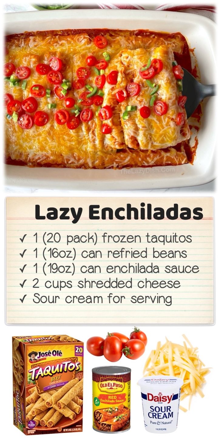 Lazy Enchiladas | This food hack makes dinner time a breeze! Simply smother frozen taquitos in enchilada sauce and cheese, bake, and you've got the easies kid-friendly dinner you'll ever make. It's perfect for busy school nights or anytime you're in a hurry to have a meal ready.