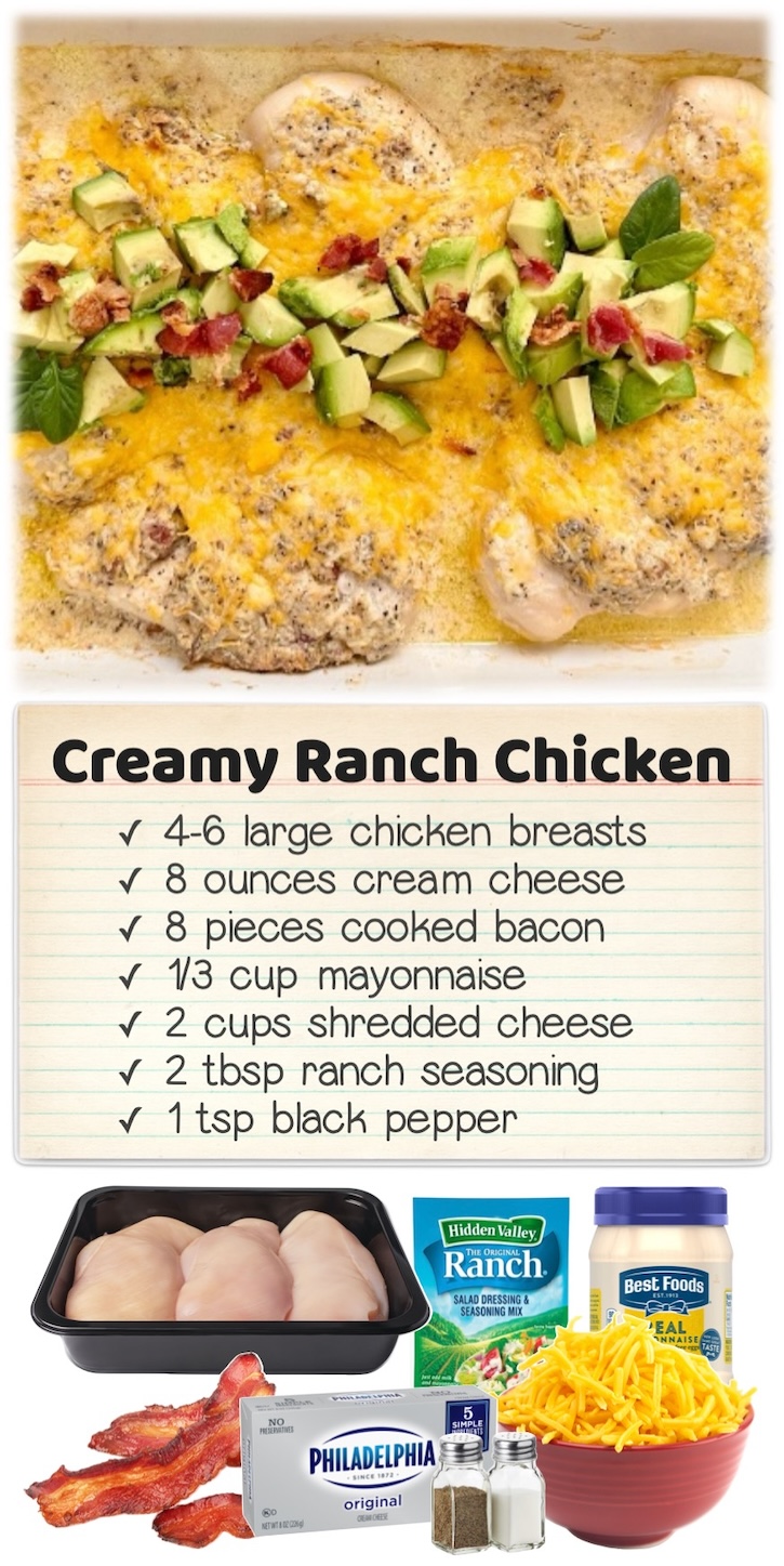 Creamy Ranch Baked Chicken | If you have picky eaters to feed, this easy chicken dinner recipe is simple to bake in the oven with a mixture of cream cheese, mayo, ranch seasoning mix, shredded cheese, and bacon... all in just one pan! Serve with your kids favorite side dish such as pasta or rice for a filling and delicious meal. 