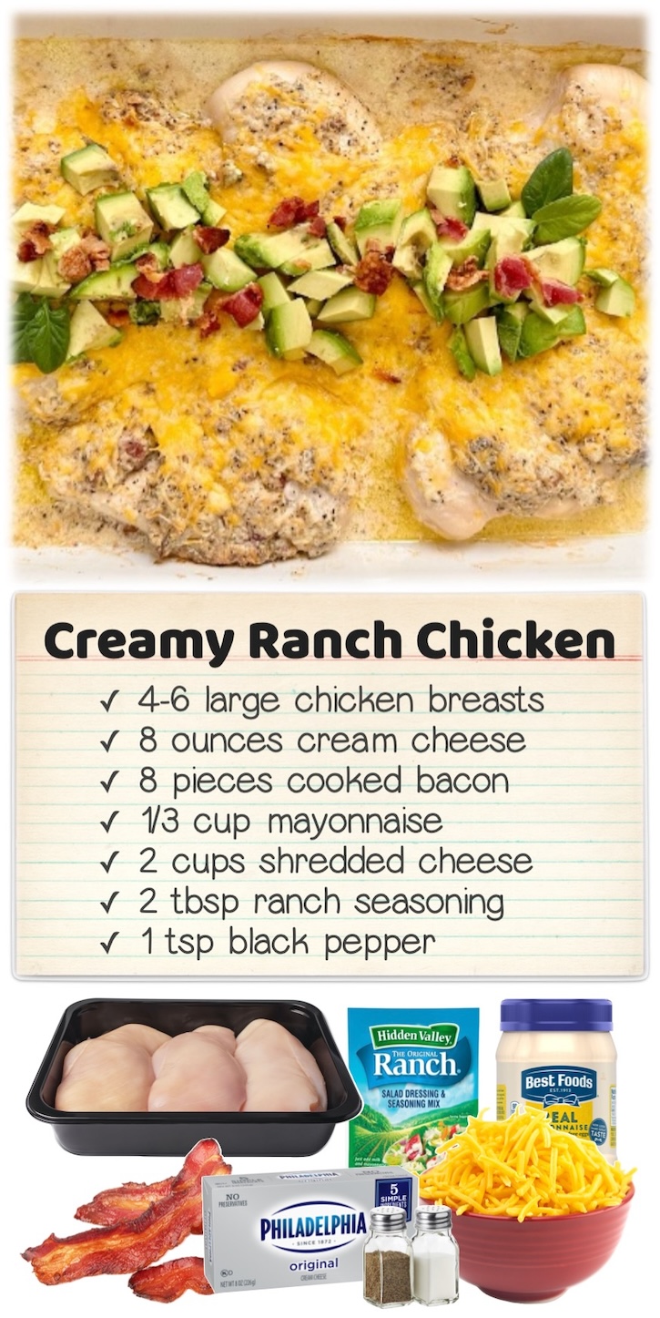Creamy Ranch Baked Chicken | If you have picky eaters to feed, this easy chicken dinner recipe is simple to bake in the oven with a mixture of cream cheese, mayo, ranch seasoning mix, shredded cheese, and bacon... all in just one pan! Serve with your kids favorite side dish such as pasta or rice for a filling and delicious meal.