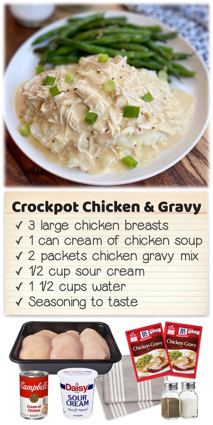 Slow Cooker Chicken & Gravy | This crockpot recipe is perfect for a large family with kids, can be made ahead of time, and is made with just a few budget ingredients including chicken breasts, canned soup, sour cream, and a few packets of chicken gravy mix. Your picky eaters are going to love it!