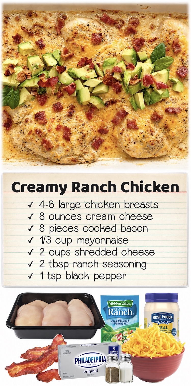 Creamy Ranch Baked Chicken | If you have picky eaters to feed, this easy chicken dinner recipe is simple to bake in the oven with a mixture of cream cheese, mayo, ranch seasoning mix, shredded cheese, and bacon... all in just one pan! Serve with your kids favorite side dish such as pasta or rice for a filling and delicious meal. 