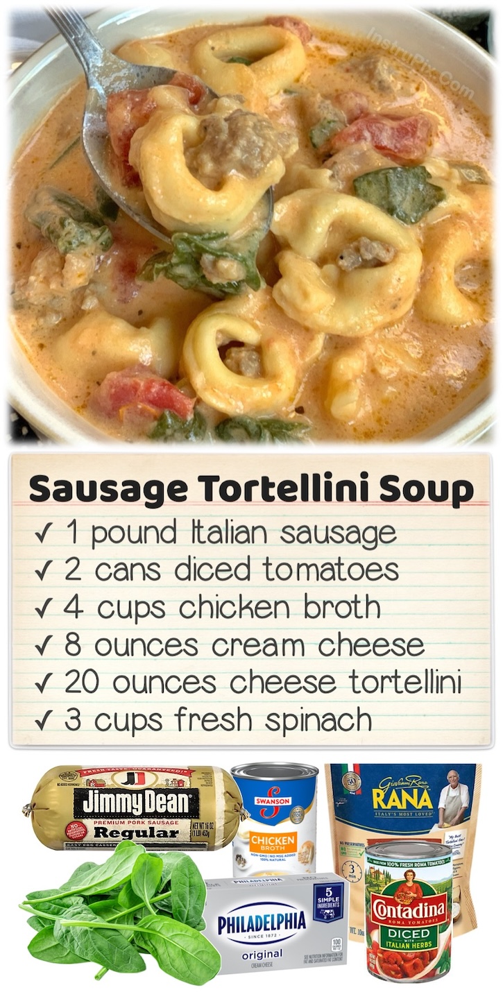 Crockpot Sausage Tortellini Soup | This yummy dinner recipe is one of my best reviewed meals! A simple slow cooker recipe made with pasta, Italian sausage, chicken broth, cream cheese, diced tomatoes and fresh spinach. A great comfort food for those cold winter nights! My picky family always goes back for seconds.