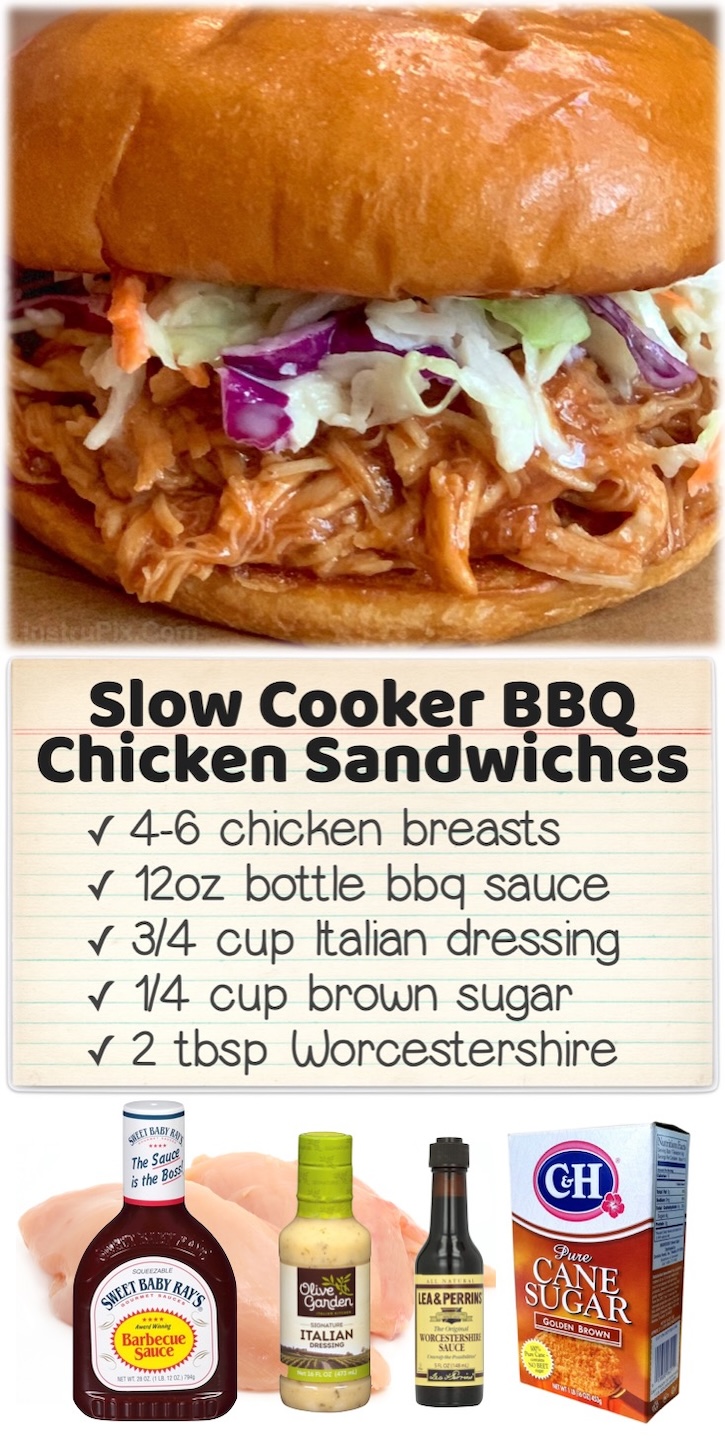Zesty BBQ Chicken Sandwiches | This easy slow cooker meal is a wonderful make ahead dinner that's perfect for just about any occasion. My picky eaters always get a bell full! Simply place a few chicken breasts, bbq sauce, Italian dressing and brown sugar into your crockpot and watch as magic happens. 