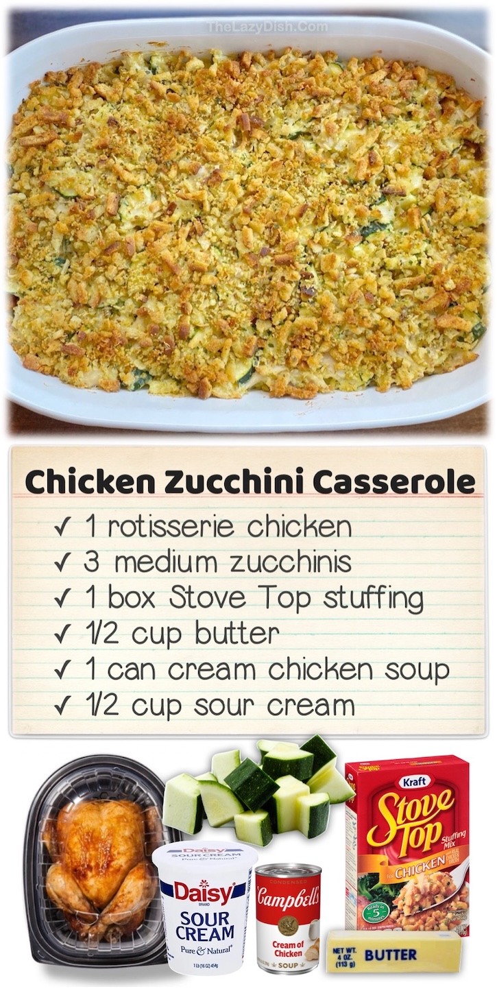 Chicken & Zucchini Stuffing Casserole | This easy dinner recipe is made with just a handful of ingredients including rotisserie chicken, boxed stuffing, zucchini, sour cream, butter, and a can of cream of chicken soup. The combination is out of this world delicious! My family gobbles it up, even my fussy toddler who never wants to eat anything. 