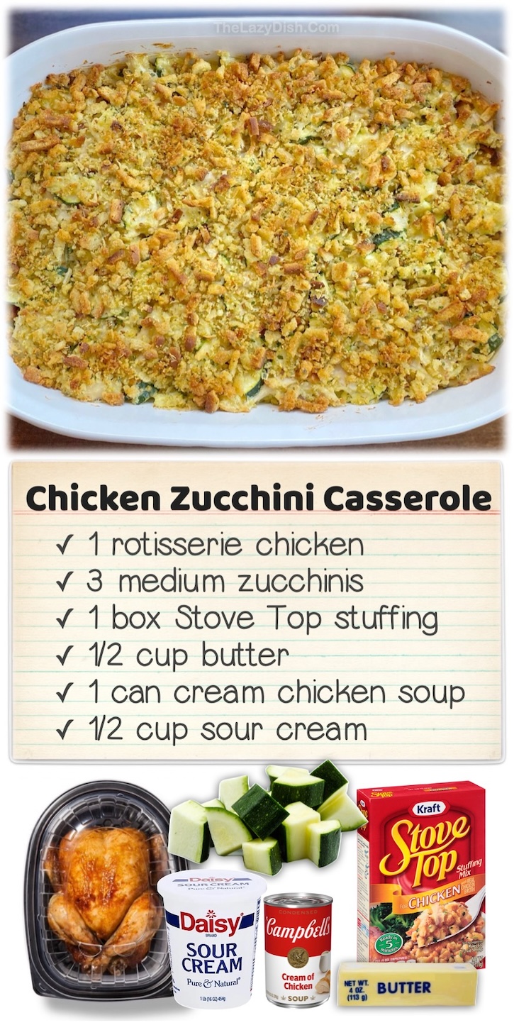 Chicken & Zucchini Stuffing Casserole | This easy dinner recipe is made with just a handful of ingredients including rotisserie chicken, boxed stuffing, zucchini, sour cream, butter, and a can of cream of chicken soup. The combination is out of this world delicious! My family gobbles it up, even my fussy toddler who never wants to eat anything.