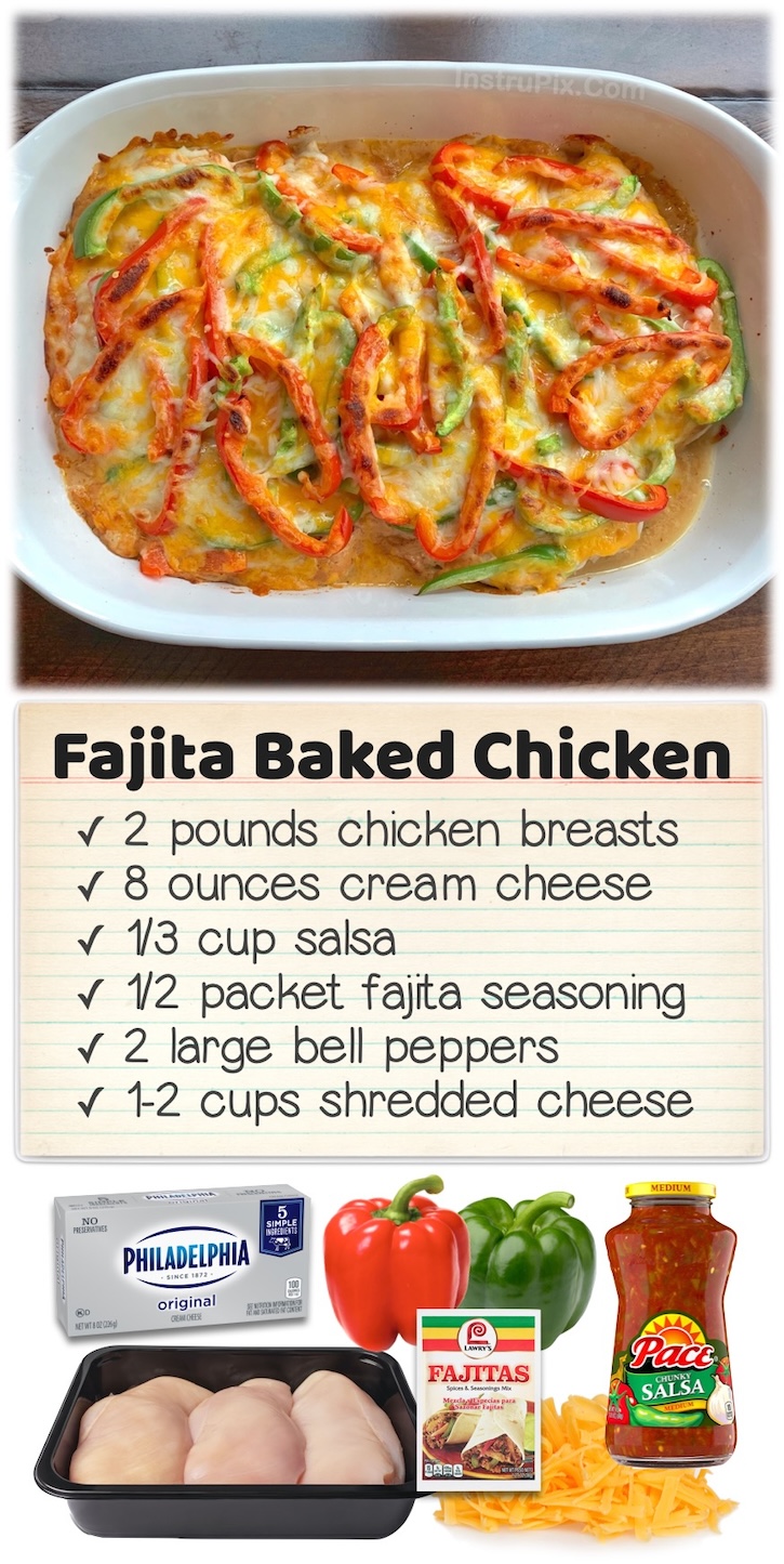 Cheesy Fajita Baked Chicken | My kids love chicken, and this is our favorite way of baking it-- loaded with a mixture of cream cheese, salsa, and taco seasoning, topped with sliced bell peppers and lots of shredded cheese. Serve alone, over rice, or in warm flour tortillas for this easy weeknight meal. 