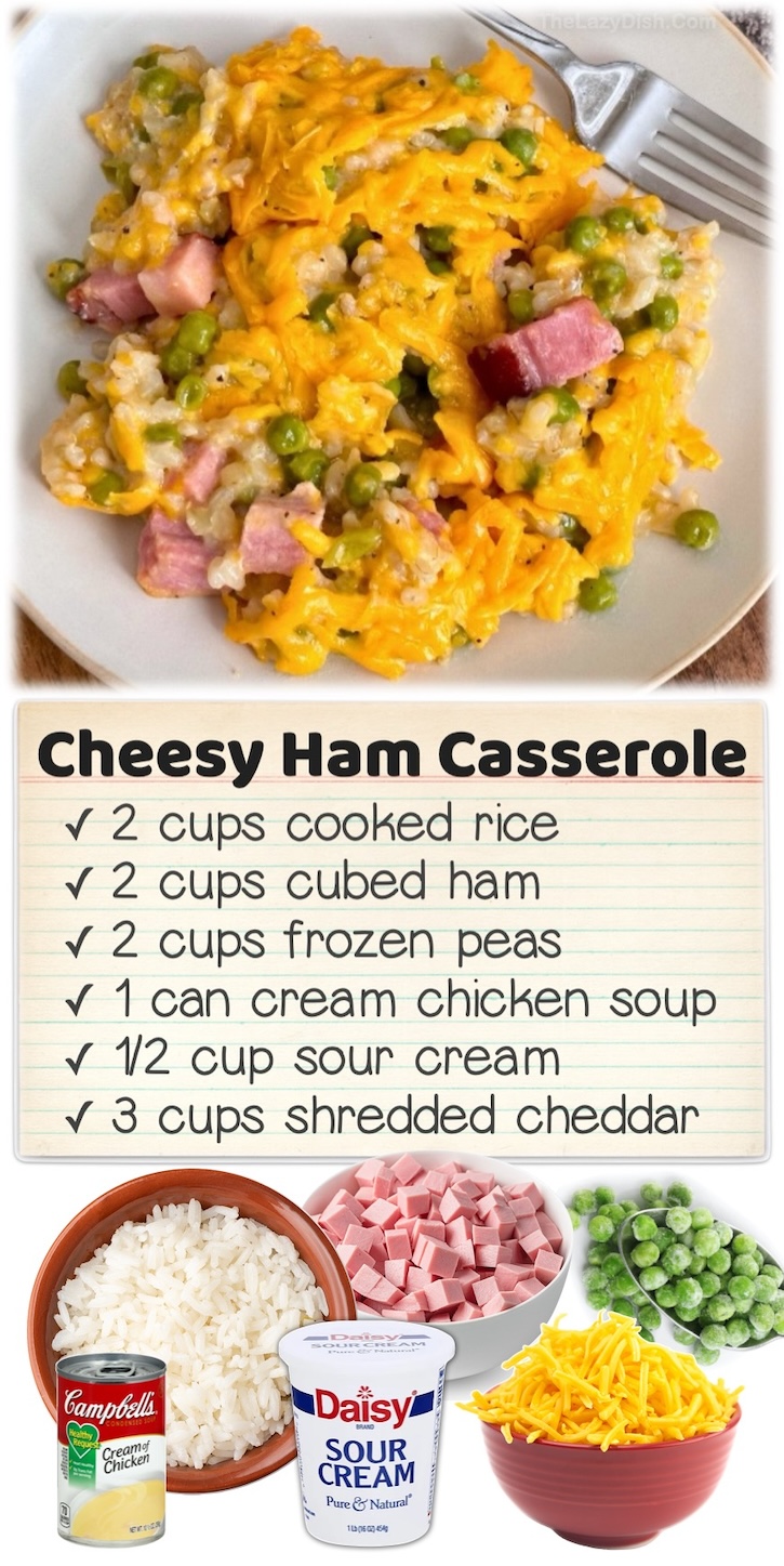 Cheesy Ham & Rice Casserole | If you're looking for easy casserole dinner ideas, this yummy dinner is super quick to make with just a few basic ingredients including cubed ham, rice, cheese, and veggies.