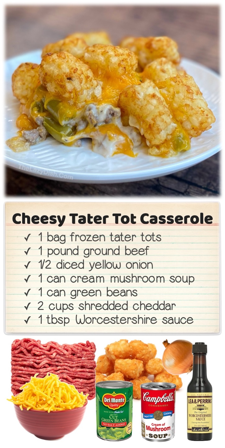 Cheesy Tater Tot Casserole | Are you looking for easy ground beef dinner ideas to make for a family with kids? You've got to try this delicious main dish! It's layered with cheesy beef, onion, veggies, canned soup and topped with crispy tater tots, of course. The ultimate comfort food! Don't worry, it's picky husband and kid approved. 