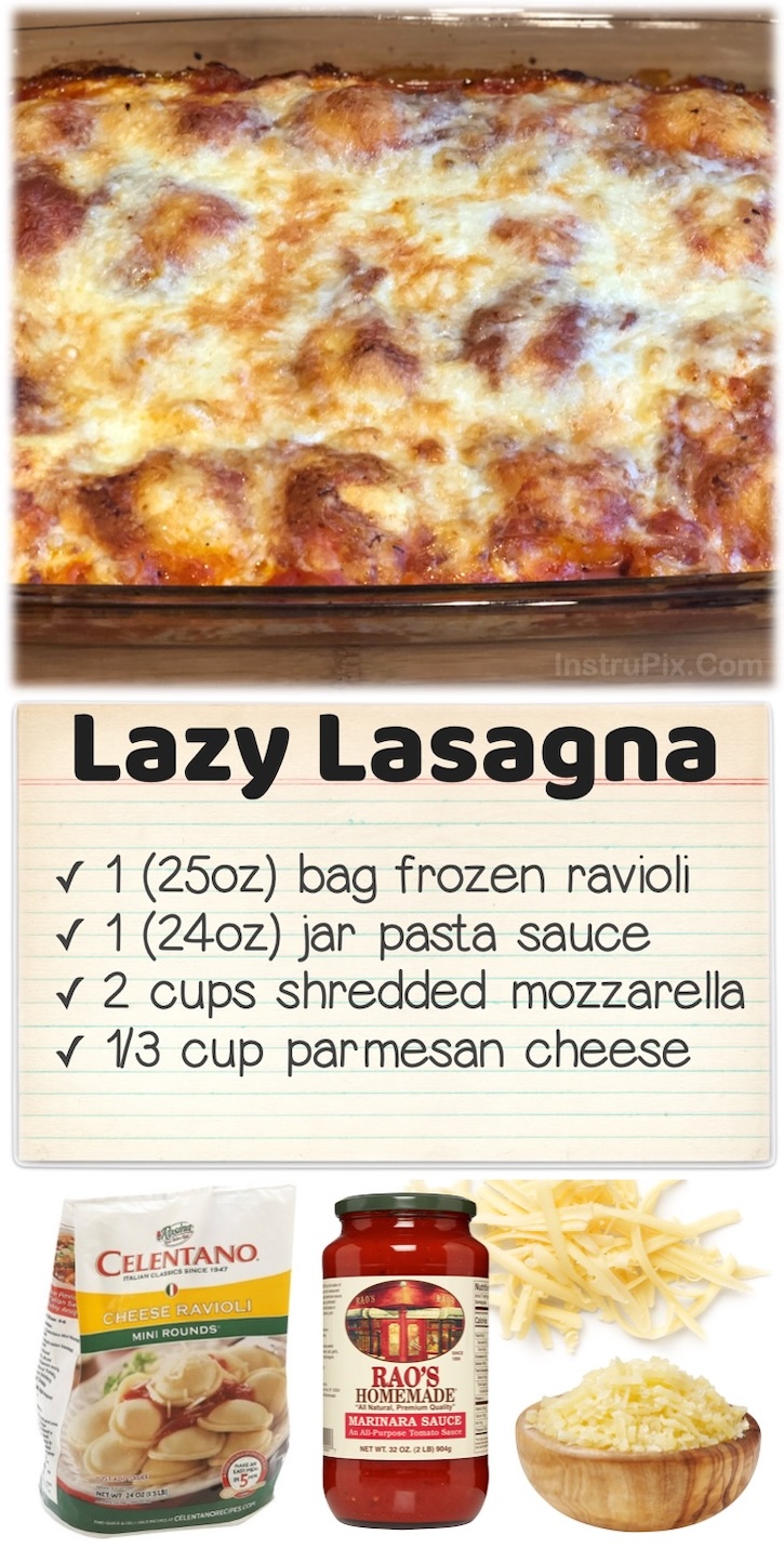 Lazy Lasagna | One of the easiest family meals on the planet made with just 3 ingredients including frozen ravioli, pasta sauce, and shredded cheese. Simply layer and bake for this yummy kid friendly dinner the entire family will love.