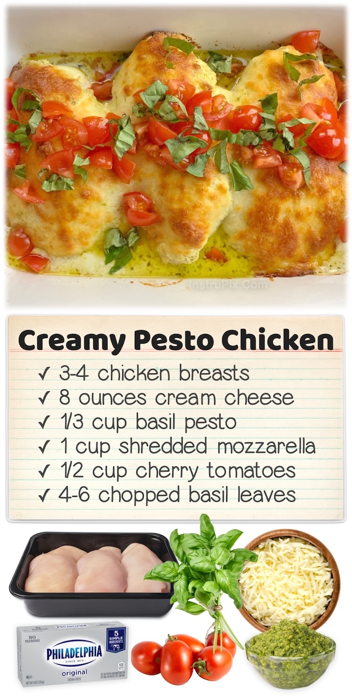 Cheesy Pesto Baked Chicken | This low carb dinner recipe is ideal for the entire family and totally versatile in that you can serve it with your favorite starch such as pasta or rice for the kids. A wonderful one pan meal to make on hectic school nights!