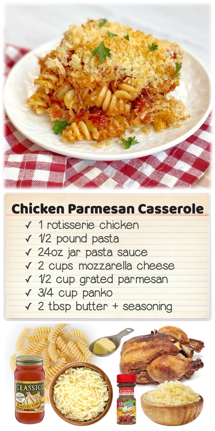 Chicken Parmesan & Pasta Casserole | If you're on the hunt for dinner menu ideas for your picky eaters, this kid friendly meal is a big hit with my family! It's quick and easy to make thanks to rotisserie chicken, pasta, marinara, cheese, and a delicious, buttery and crispy panko topping. 