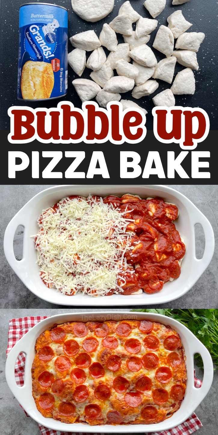 Kids especially love this fun and easy dinner idea! Simply baked refrigerated biscuits with pizza sauce and cheese to make this delicious bubble up pizza casserole! Everything is made in just one pan, making it extra lazy for busy school nights when you don't feel like cooking or doing dishes all night. 