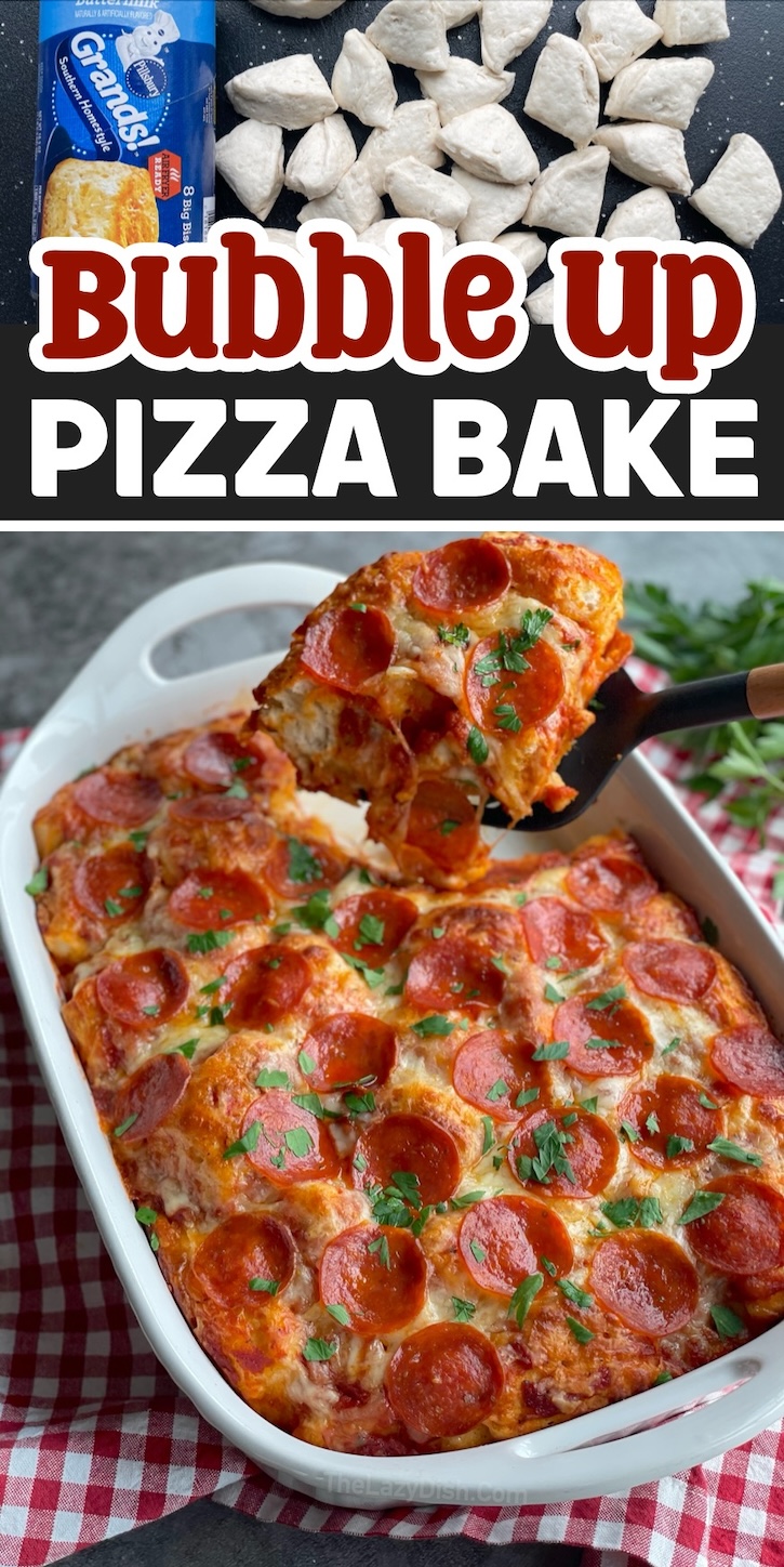 Bubble Up Pizza Bake is an easy dinner recipe made with just a handful of ingredients including store bought biscuits, sauce, cheese and toppings such as pepperoni. I make this simple meal often when I'm tired but have a large family to feed. Super fast to make with hardly any effort at all! One of my family's favorite casseroles. 