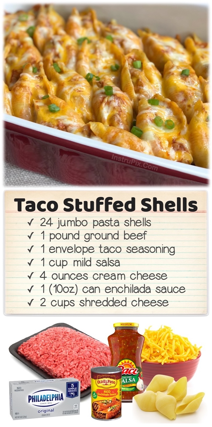 Taco Stuffed Pasta Shells | This Mexican Italian fusion is a fun and super tasty dinner idea for a family with picky kids to feed! Jumbo pasta shells stuffed full of cheesy ground beef and topped with enchilada sauce. How can you go wrong with this awesome comfort food? 