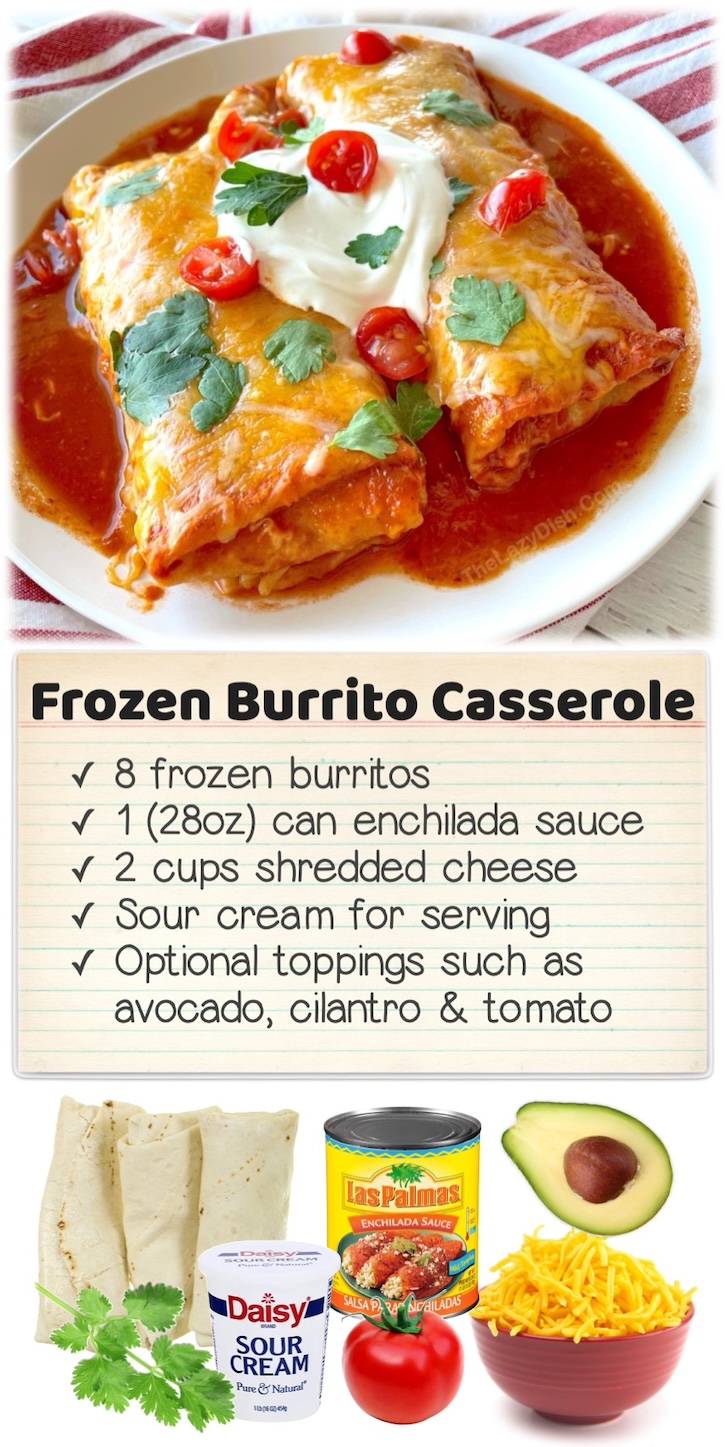 Frozen Burrito Casserole | This amazing dinner is fun to make with just frozen burritos, enchilada sauce, and cheese! It's versatile, kid approved, very filling, and fast to make with very little prep. If you're a busy mom or dad with kids that complain at dinner time, this recipe is for you.