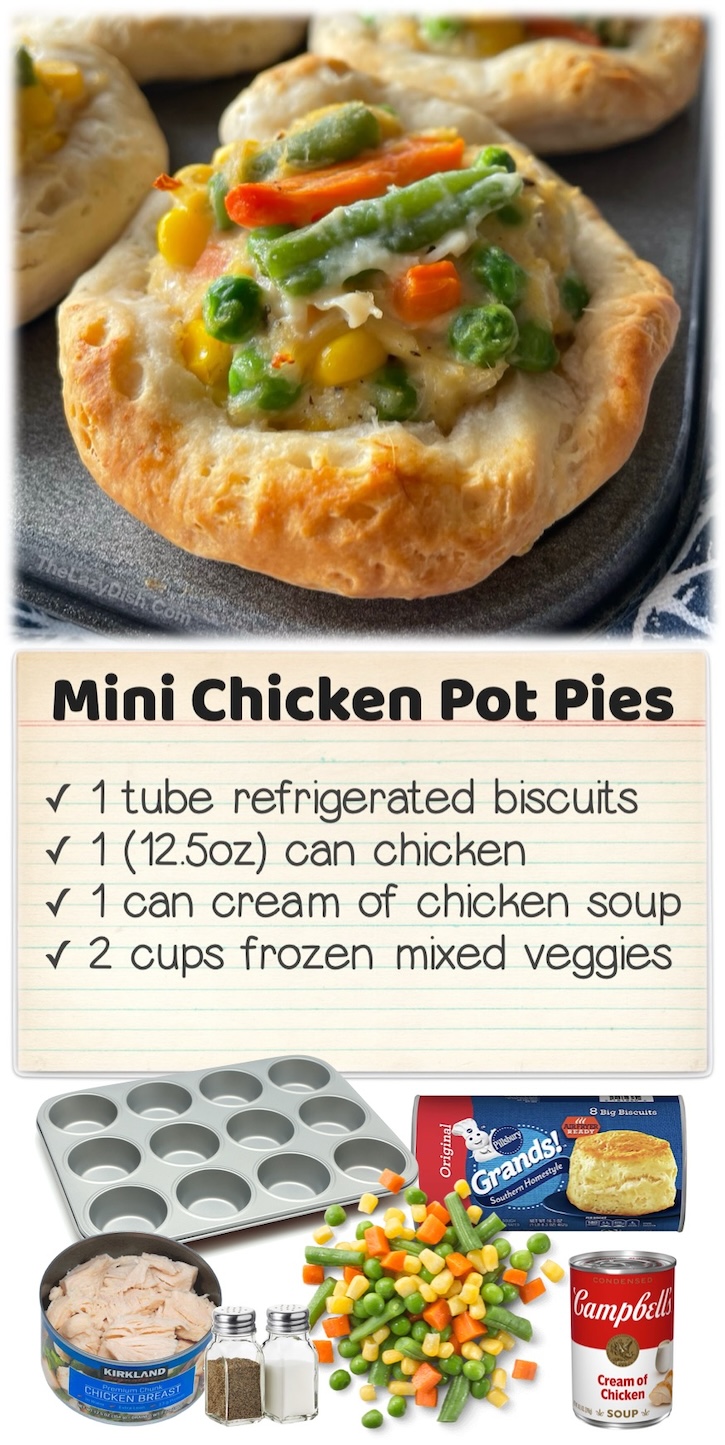 Mini Chicken Pot Pies | This fun and simple muffin tin recipe is made with just 4 ingredients and is a big hit with my picky kids! It's a mixture of chicken, soup, and frozen veggies baked into Pillsbury refrigerated biscuits.