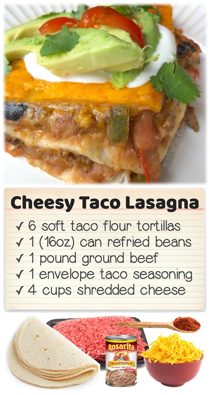 Cheesy Taco Lasagna | Flour tortillas, refried beans, seasoned ground beef, and shredded cheese all layered in a baking dish with your favorite taco toppings. A yummy twist on burritos! If you have a family with picky eaters to feed, this easy dinner recipe is for you. Add it to your dinner menu and thank me later.