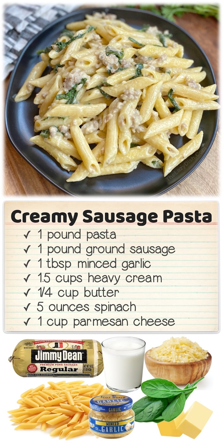 Creamy Sausage & Spinach Pasta | If you're looking for something fun and unique to make for dinner, try ground sausage for a change! It's yummy mixed with pasta and this homemade cream sauce. My picky toddler gobbles it up, and my husband always goes back for seconds.