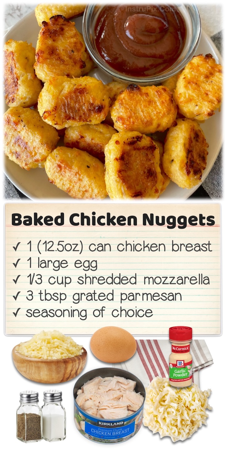 Baked Chicken Nuggets | This last minute dinner is a much healthier version of chicken nuggets and quick to make with common ingredients: canned chicken, egg, shredded cheese, parmesan and seasoning. Picky kids and adults love them! 