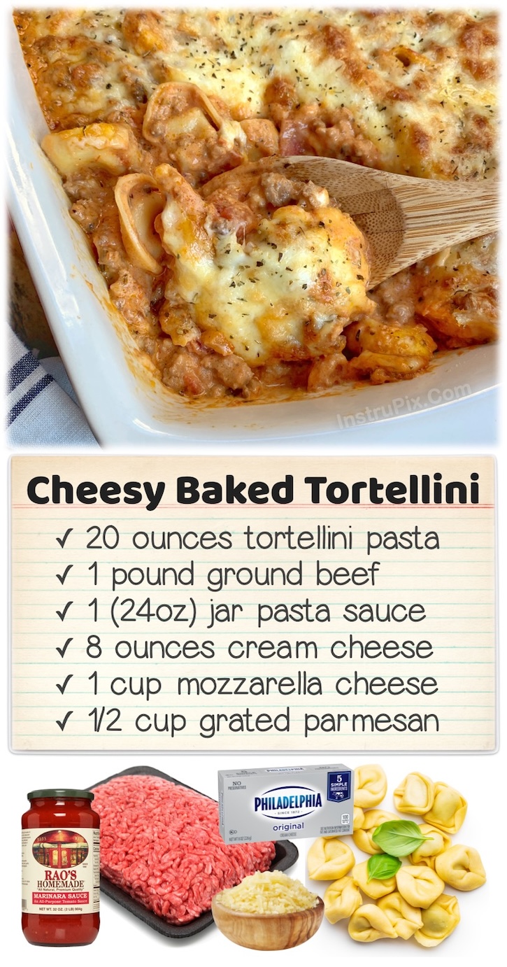 Cheesy Baked Tortellini | This Pinterest Popular recipe is a mixture of meat sauce and cream cheese baked with tortellini pasta and lots of gooey cheese over top. The best family friendly dinner recipe! Serve with a side of salad and breadsticks and consider dinner a success. 