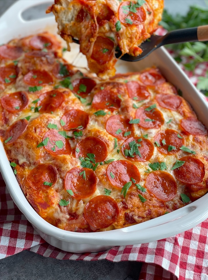 Easy Bubble UP Biscuit Pizza Casserole just out of the oven and ready to be served for dinner! My picky kids love this simple weeknight meal. 