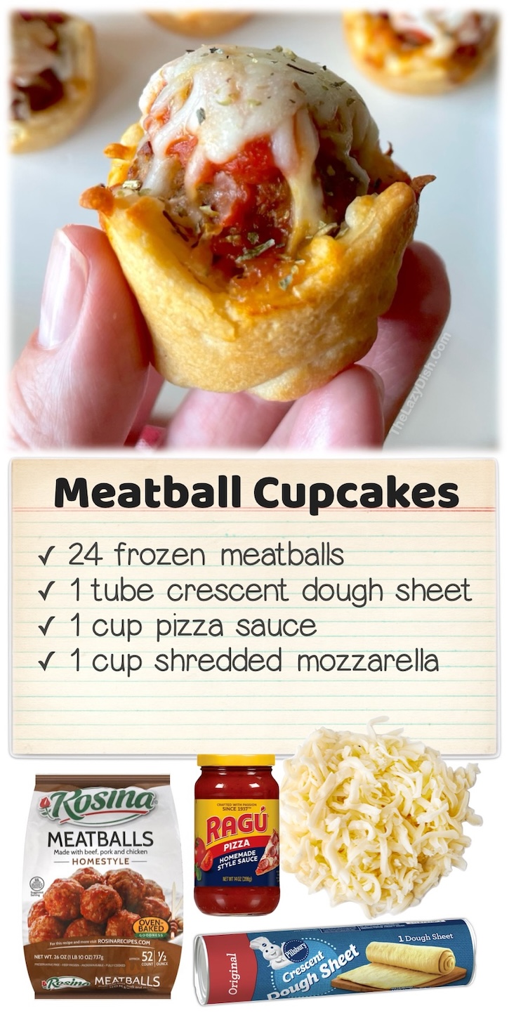 Meatball Cupcakes | These mini meatball subs and a fun finger food for dinner that your kids will especially love! They are simple to make in a mini muffin tin with Pillsbury sheet dough, frozen meatballs, pizza sauce, and shredded mozzarella. 