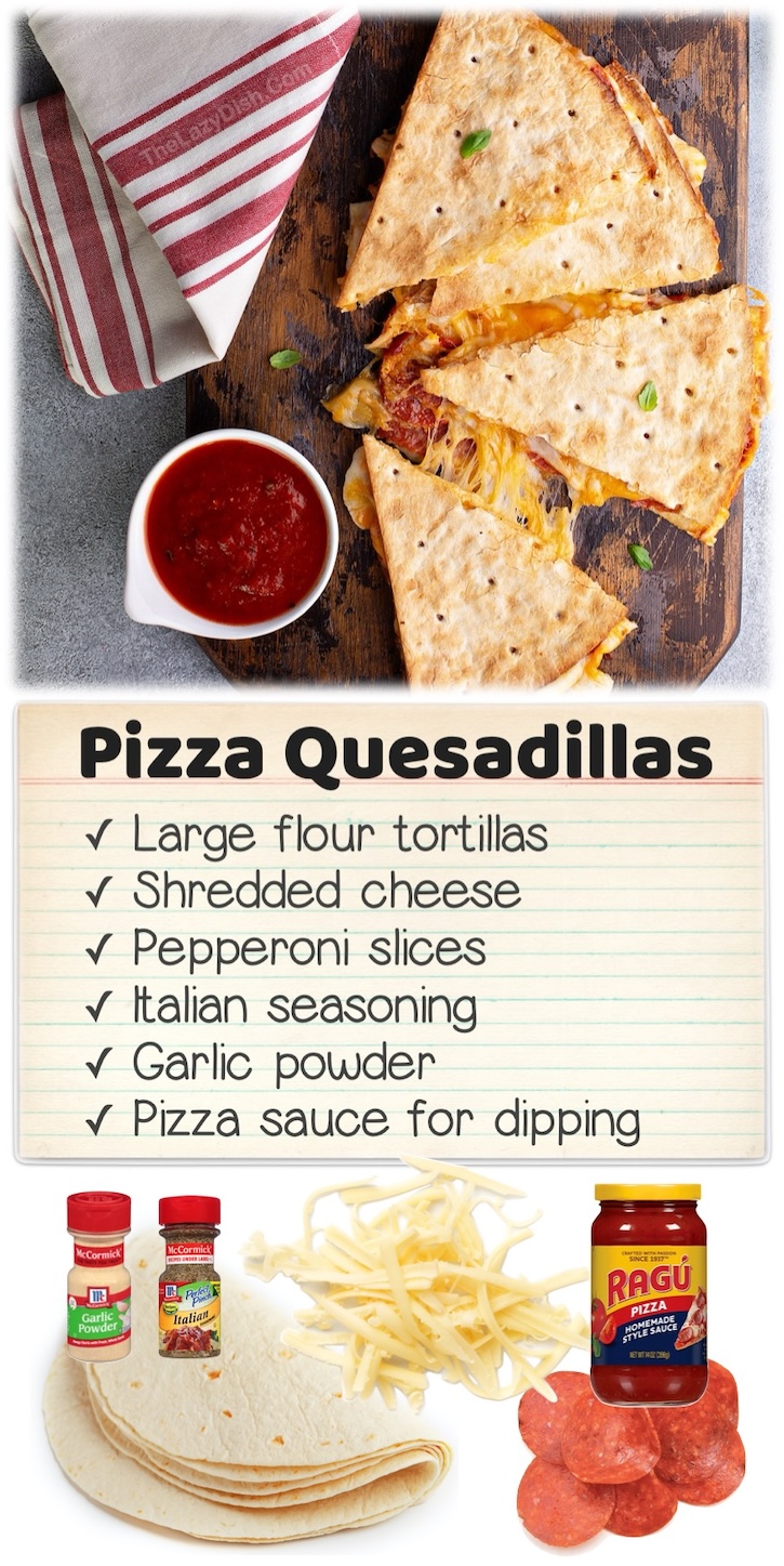 Pepperoni Pizza Quesadillas | Are you looking for kid friendly dinner ideas for your picky eaters? Try this fun twist on quesadillas! Simply stuff with your favorite pizza toppings and dip in pizza sauce for an easy school night meal. Add this to your dinner menu and thank me later. 