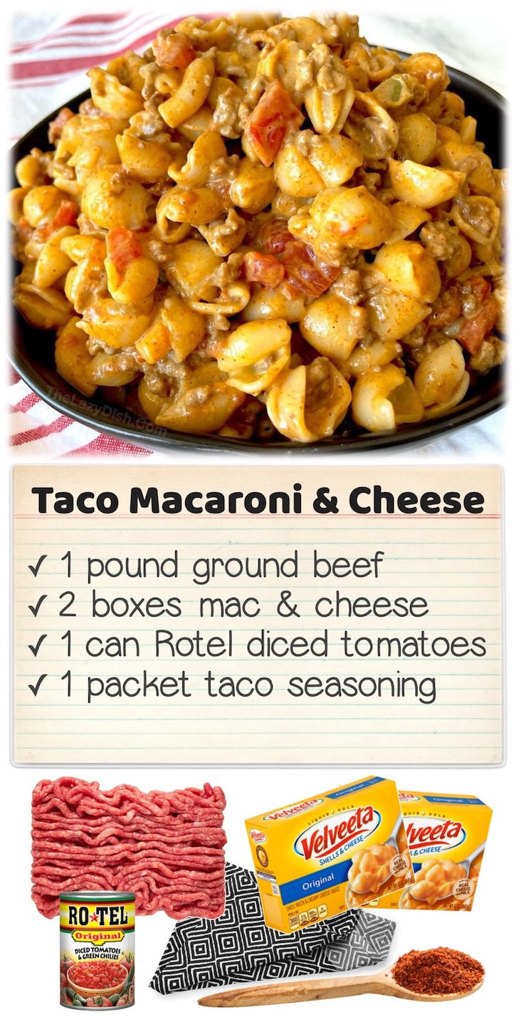 Taco Macaroni & Cheese | If you're looking for easy dinner ideas for your kids, this quick weeknight meal is a hit with my picky eaters! It's made with just ground beef, 2 boxes of Mac & Cheese, 1 can of Rotel, and a packet of taco seasoning. 