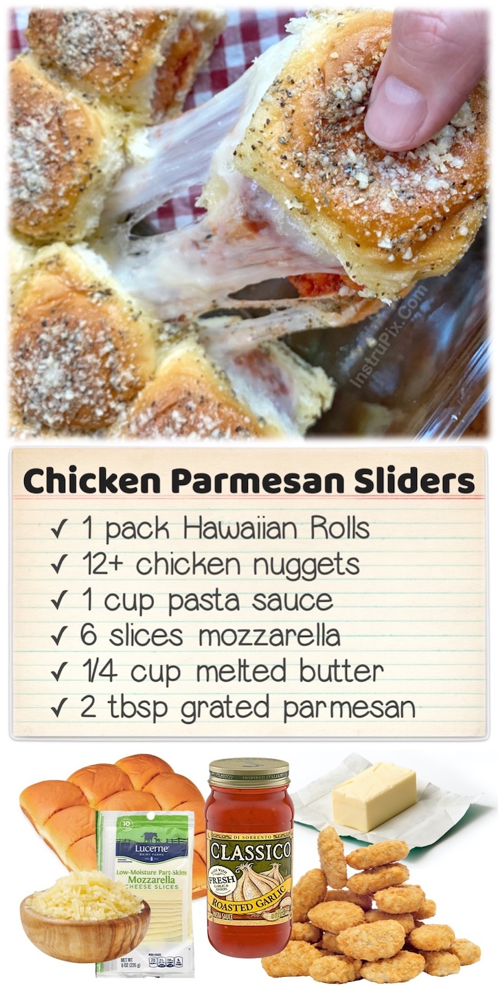 Chicken Parmesan Sliders | These mini sandwiches and the best kid friendly meal for both lunches and dinners! They are perfect for sleepovers and super cheap to make with Hawaiian rolls, frozen chicken nuggets, pasta sauce, cheese, and melted butter.