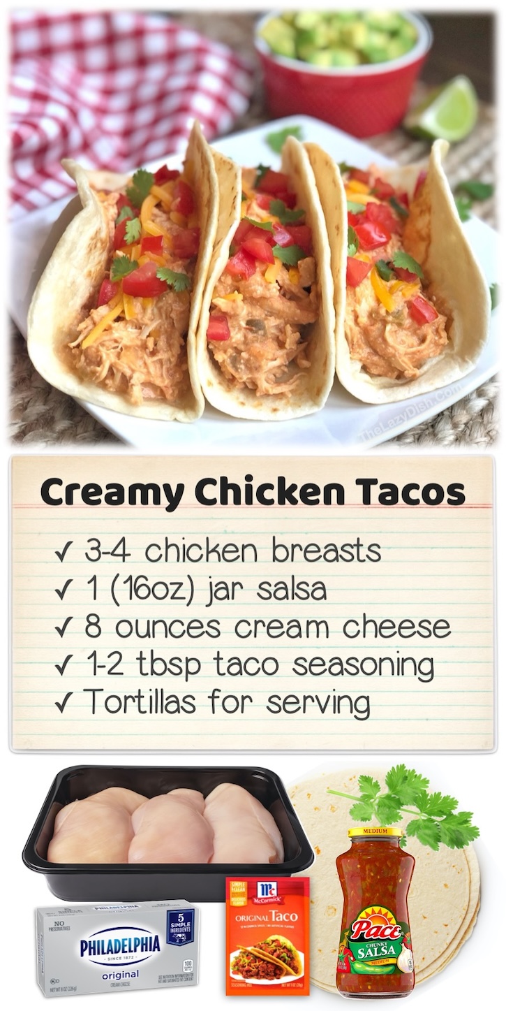 Creamy Chicken Tacos | This easy slow cooker dinner recipe is made with just a few chicken breasts, salsa, cream cheese, and taco seasoning. The best taco meat and a great make ahead meal for busy weeknight dinners! Your kids are going to ask you to add this to your weekly dinner menu. 